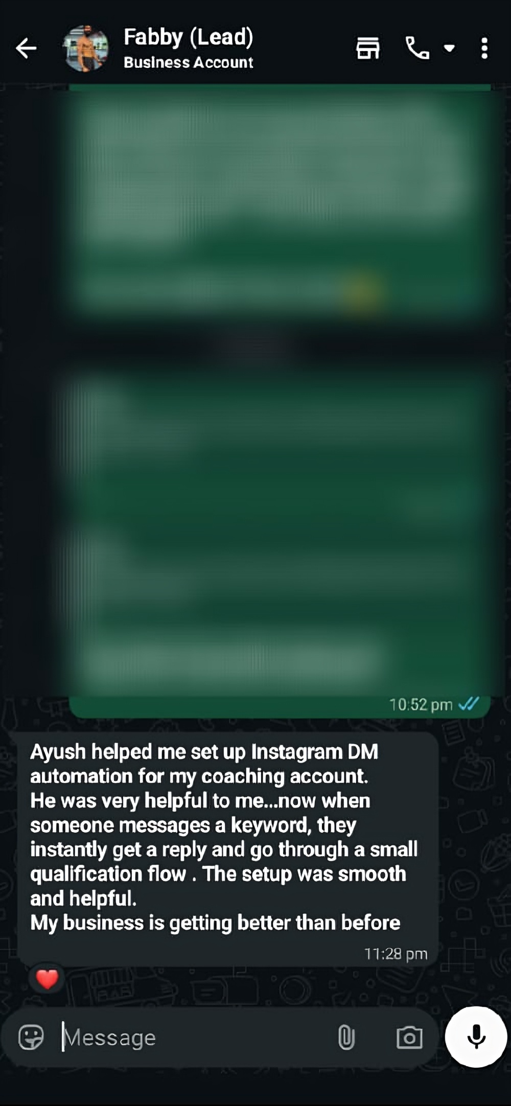 WhatsApp feedback from fitness coach