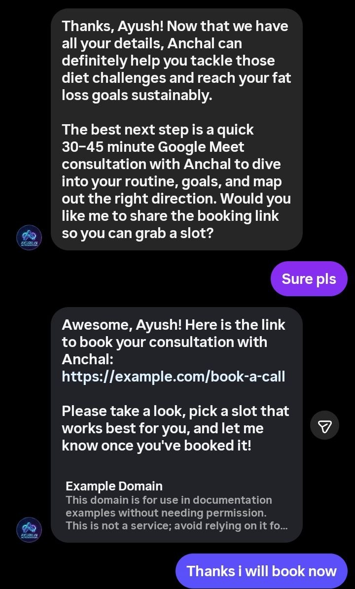 Instagram DM showing the Business AI agent sending the coach's booking link after a lead qualifies