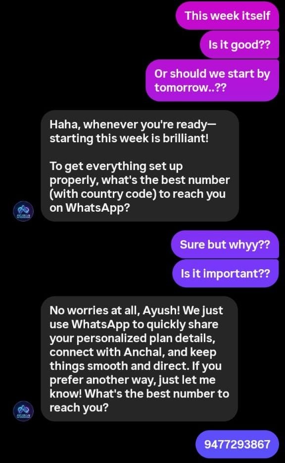 Instagram DM showing the Business AI agent combining several rapid messages from a lead into one natural reply