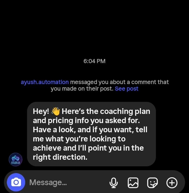 Private Instagram DM opened automatically after a keyword comment, continuing the conversation privately