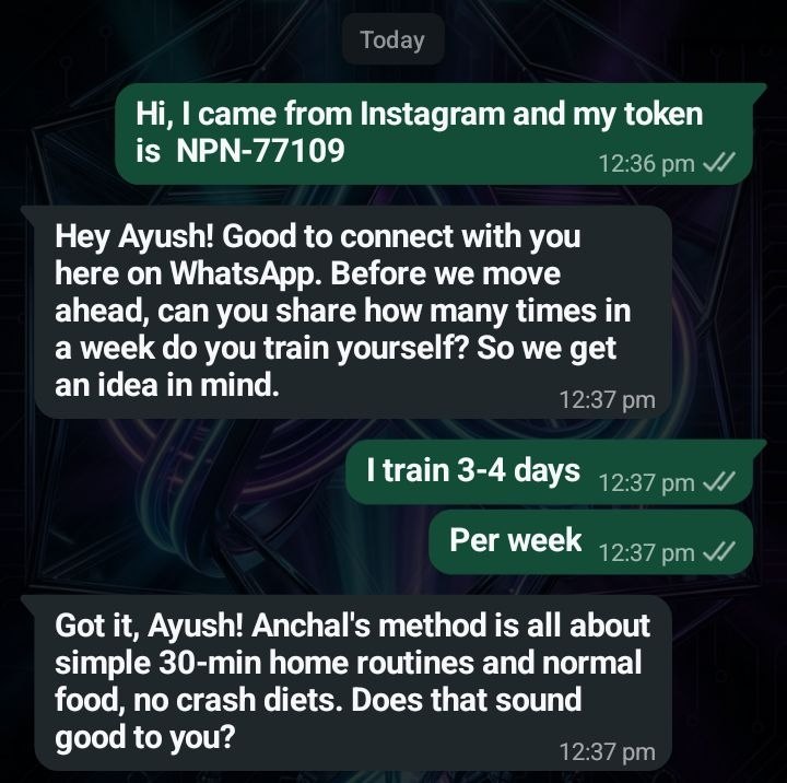 WhatsApp side of a Fusion Max conversation, showing the lead recognised and the conversation continuing without repeating questions