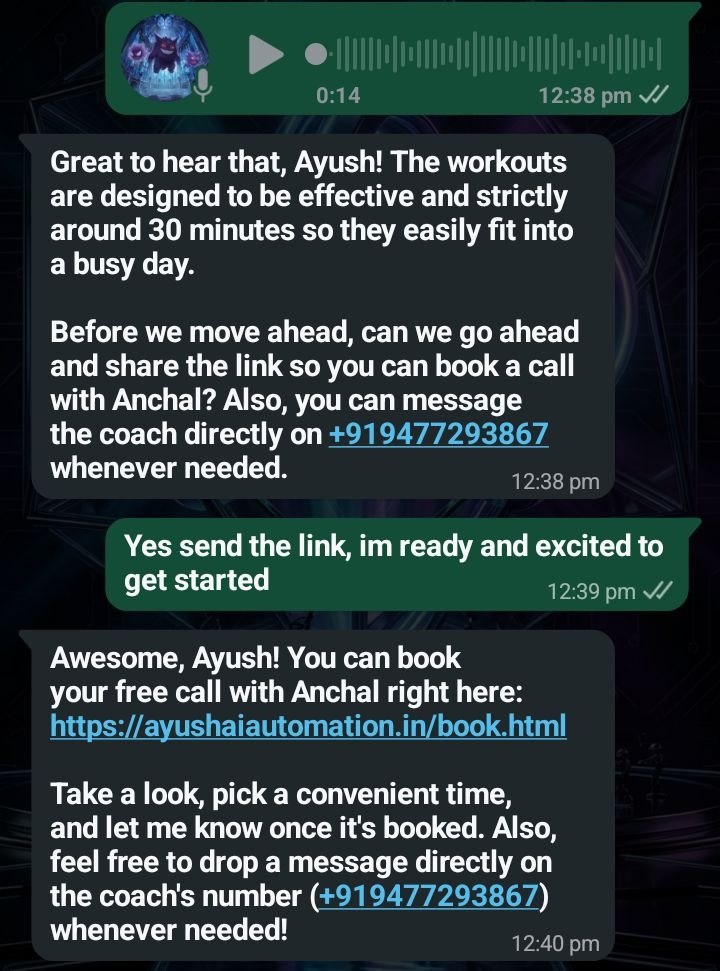 WhatsApp conversation showing a voice note being transcribed and answered in text by the Fusion Max AI agent