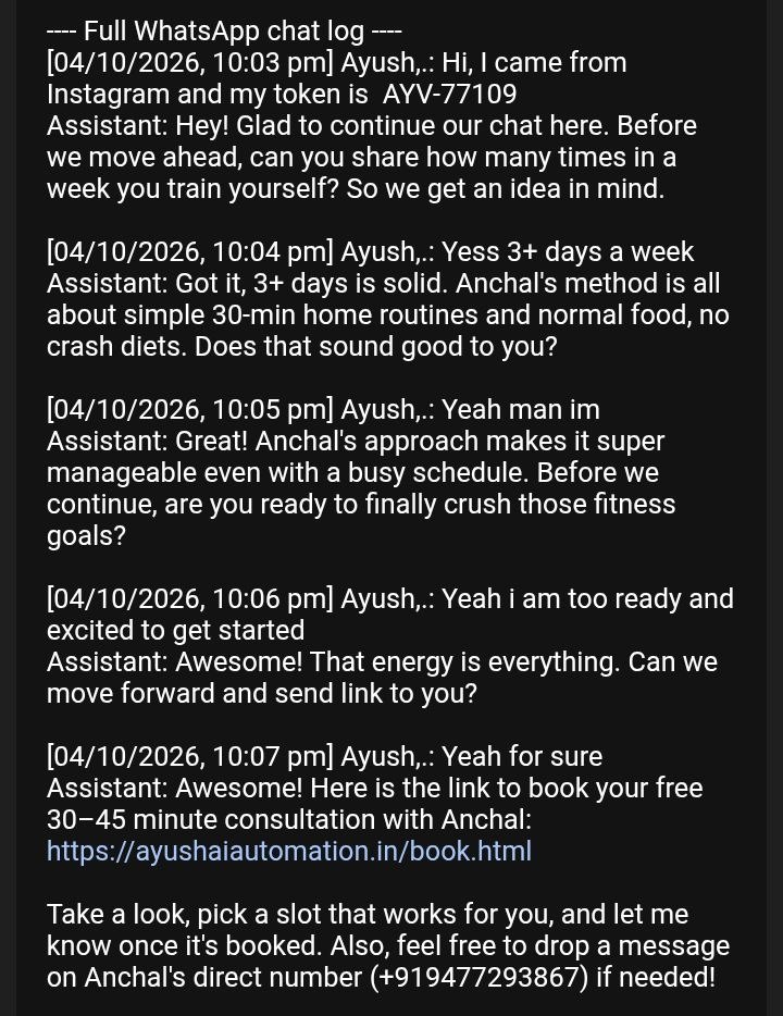 Email alert showing the full WhatsApp chat log attached alongside the structured lead data