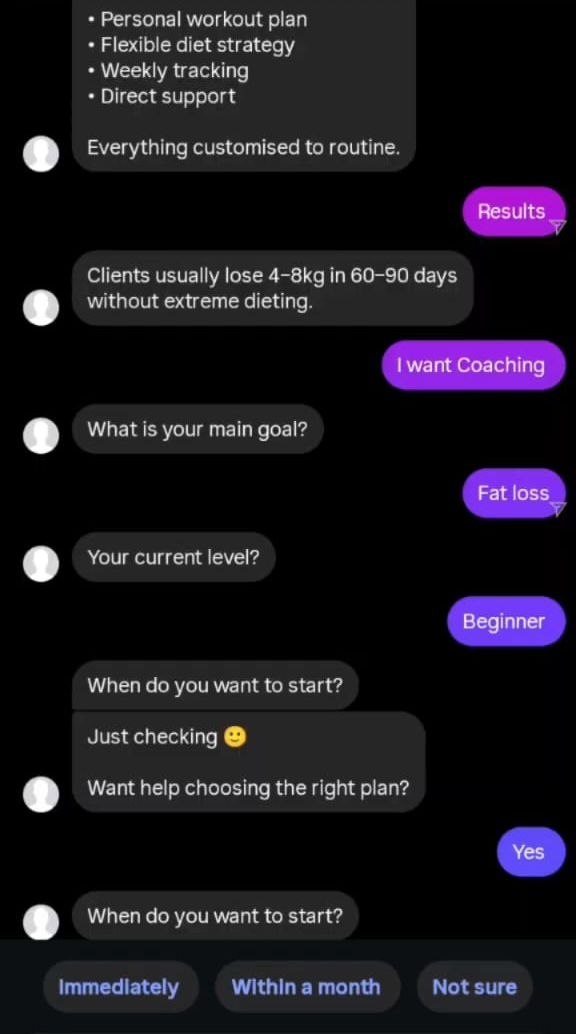 Instagram conversation showing the Starter plan's structured question flow