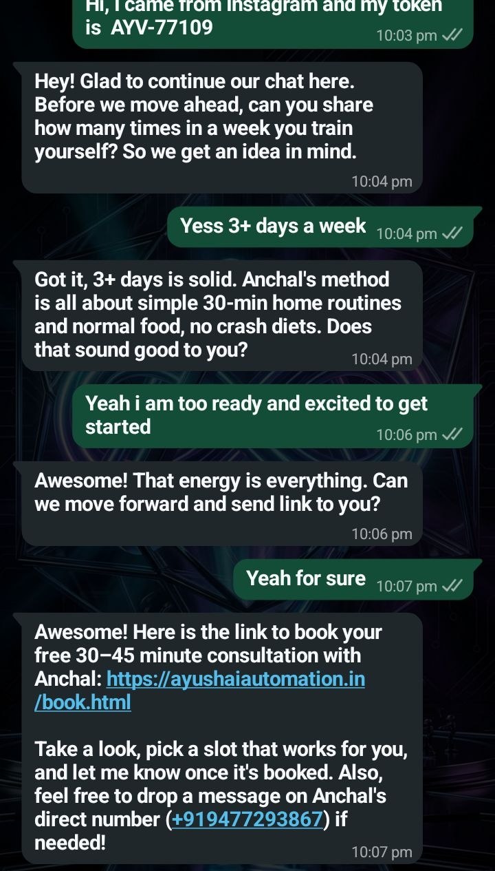 WhatsApp conversation showing the AI Personal Assistant qualifying a fitness lead and then sending the booking link